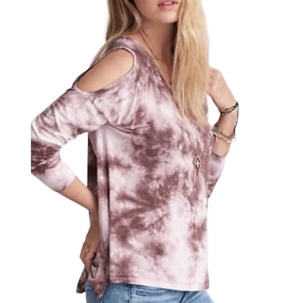 American Eagle Soft & Sexy Tie Dye Cold Shoulder Long Sleeve Shirt Top Pink